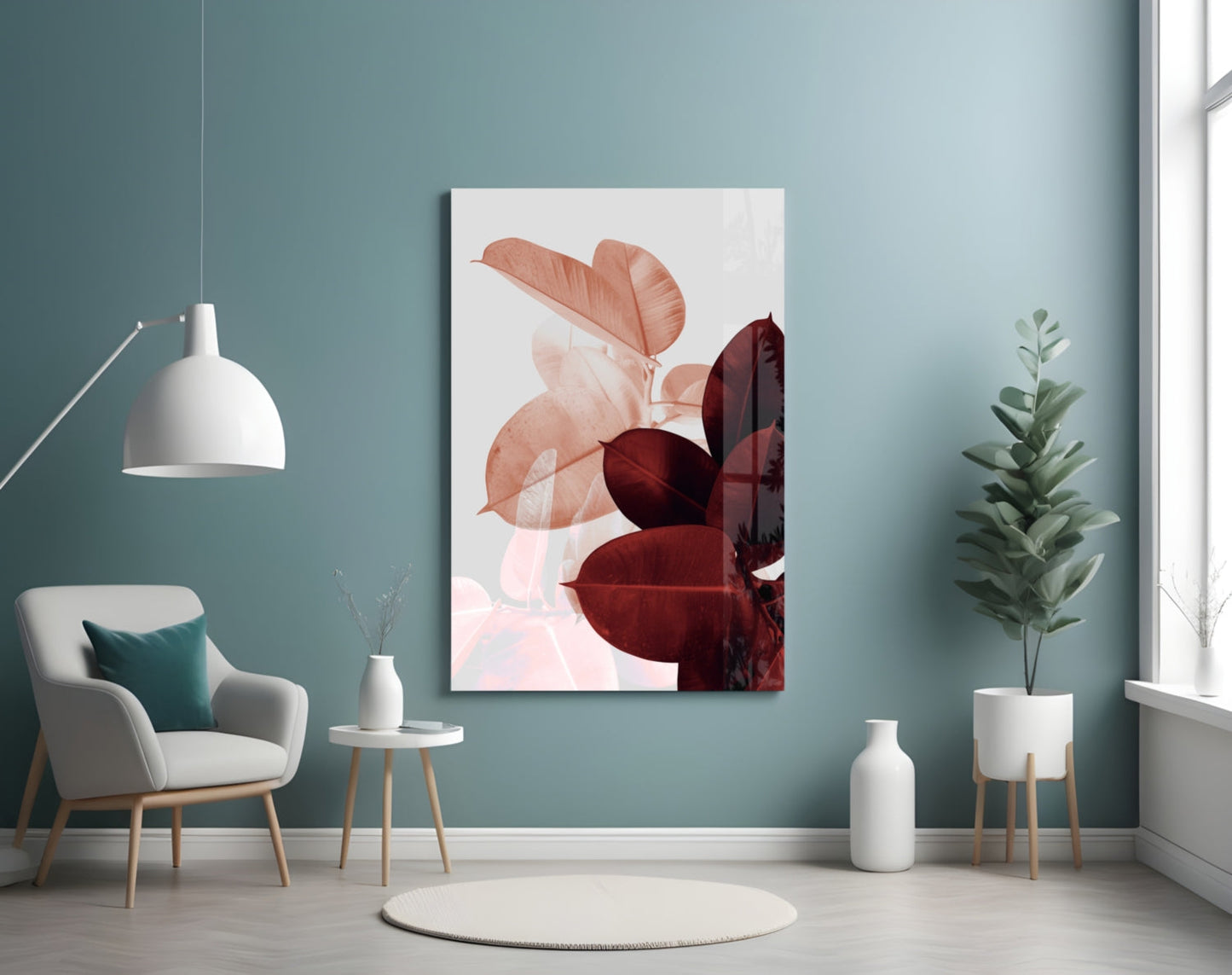 Blush Burgundy Rubber Leaves Glass Wall Art