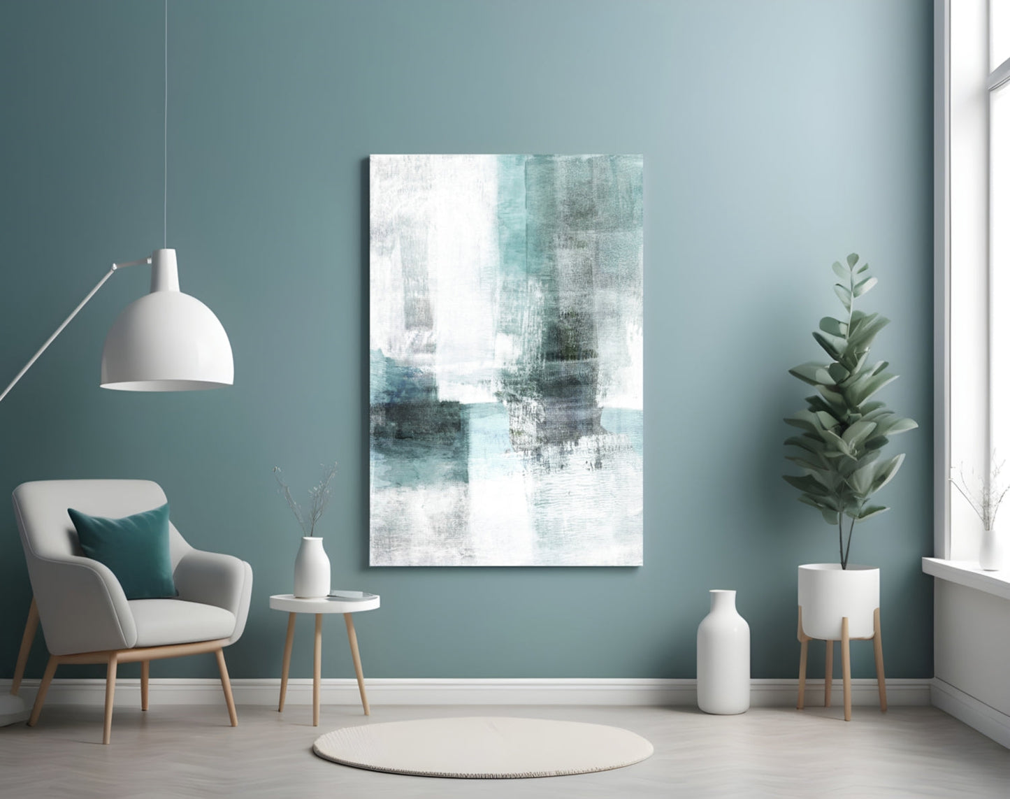 Teal White Minimalist Blocks Glass Wall Art