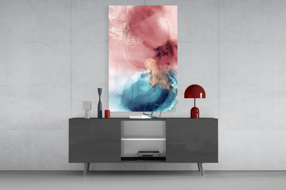 Pink Teal Gold Ink Bloom Glass Wall Art
