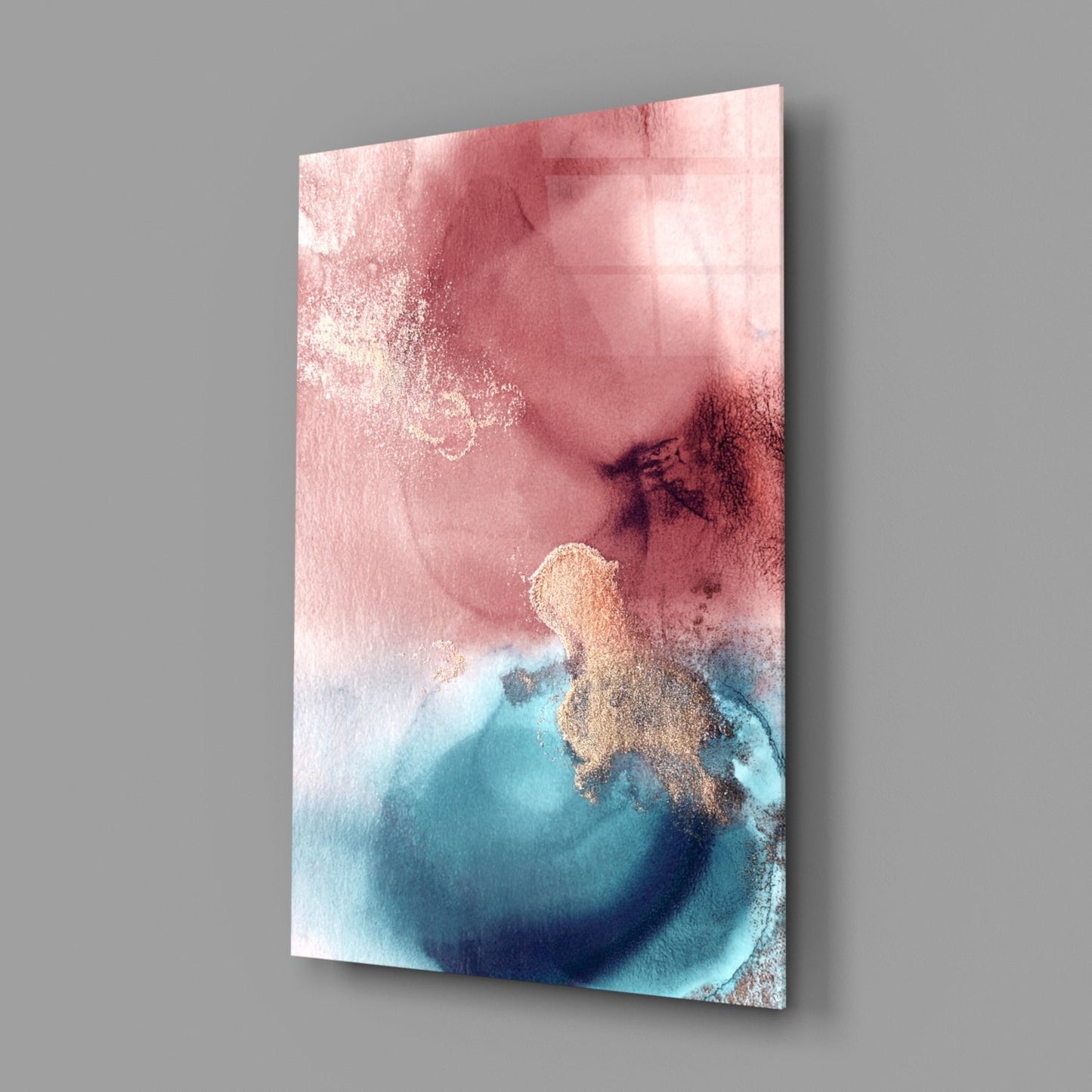 Pink Teal Gold Ink Bloom Glass Wall Art