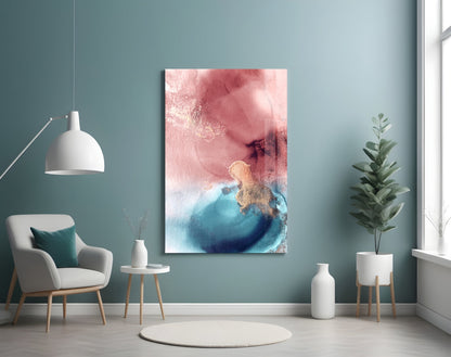 Pink Teal Gold Ink Bloom Glass Wall Art
