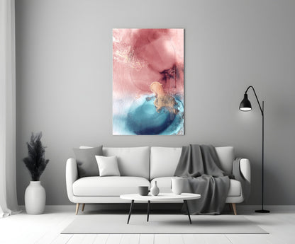 Pink Teal Gold Ink Bloom Glass Wall Art