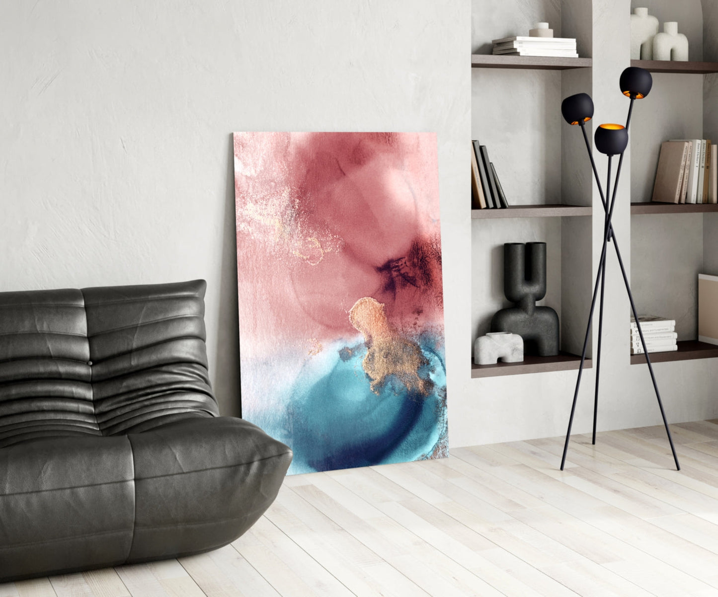 Pink Teal Gold Ink Bloom Glass Wall Art