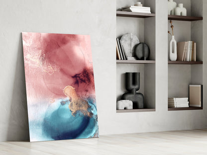 Pink Teal Gold Ink Bloom Glass Wall Art
