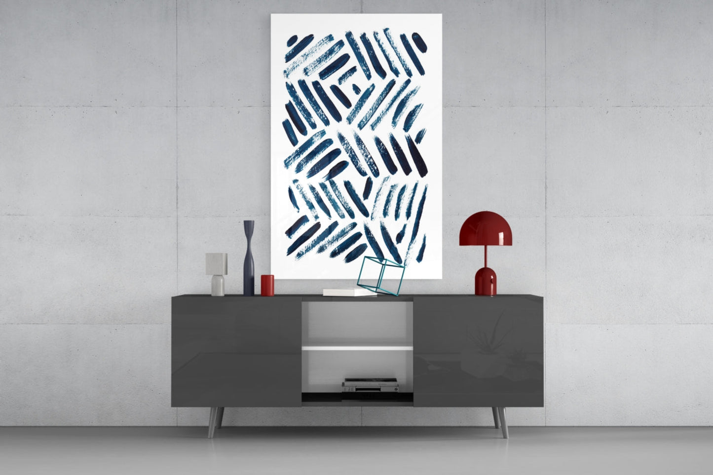 Navy Chevron Brush Dashes Glass Wall Art