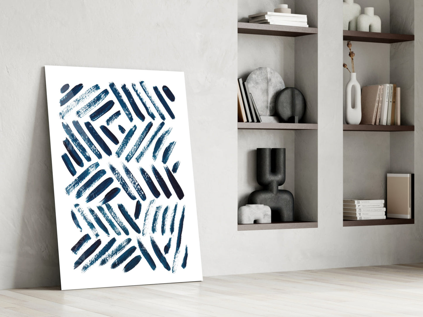 Navy Chevron Brush Dashes Glass Wall Art