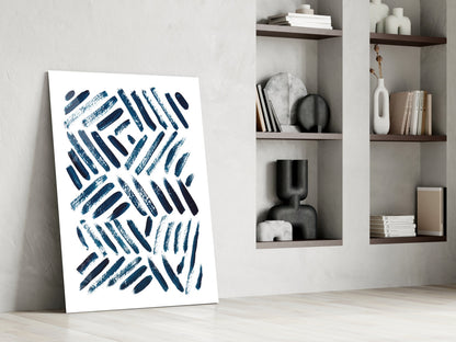 Navy Chevron Brush Dashes Glass Wall Art