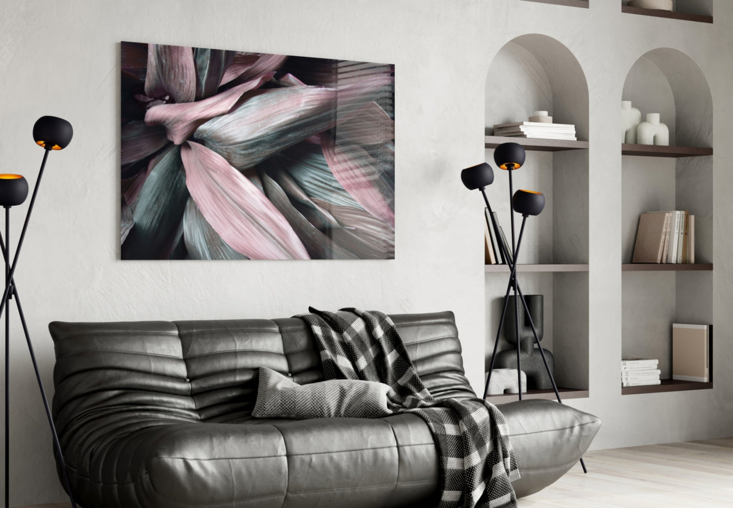 Pink Green Macro Leaves Glass Wall Art
