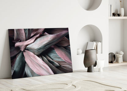 Pink Green Macro Leaves Glass Wall Art