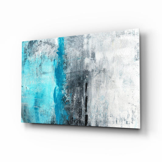 Canvas art print displayed at an angle showing turquoise stripe transitioning to gray and white textured abstract design.