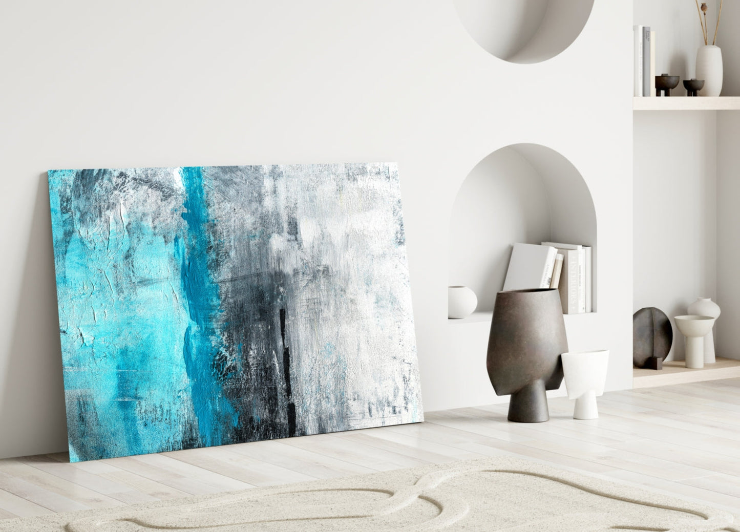 Turquoise Stripe Gray Texture Glass Wall Art