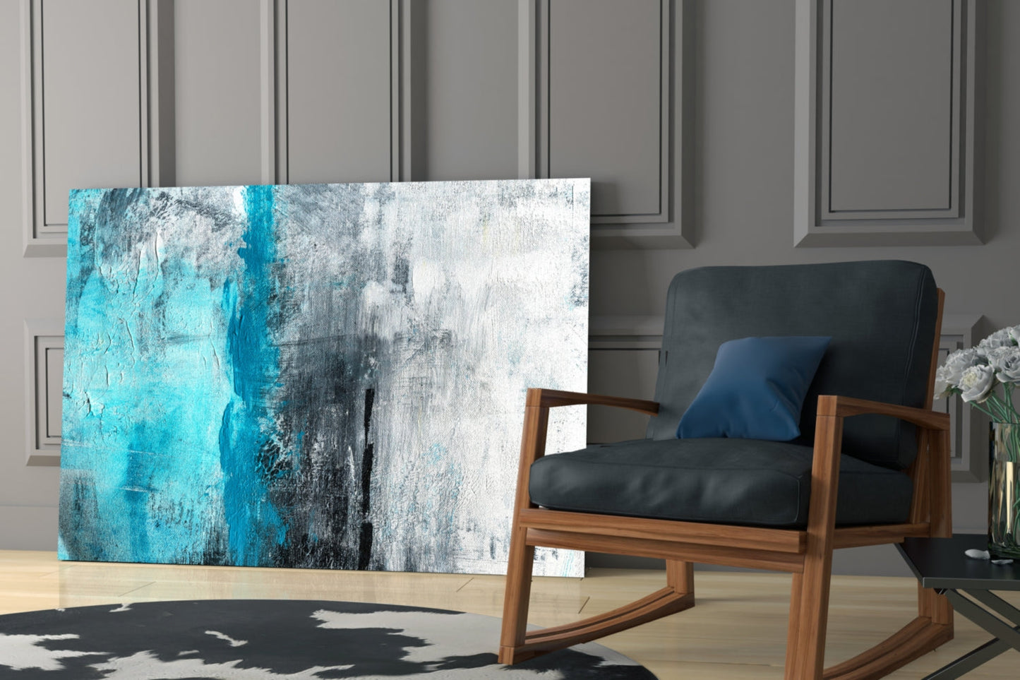 Turquoise Stripe Gray Texture Glass Wall Art