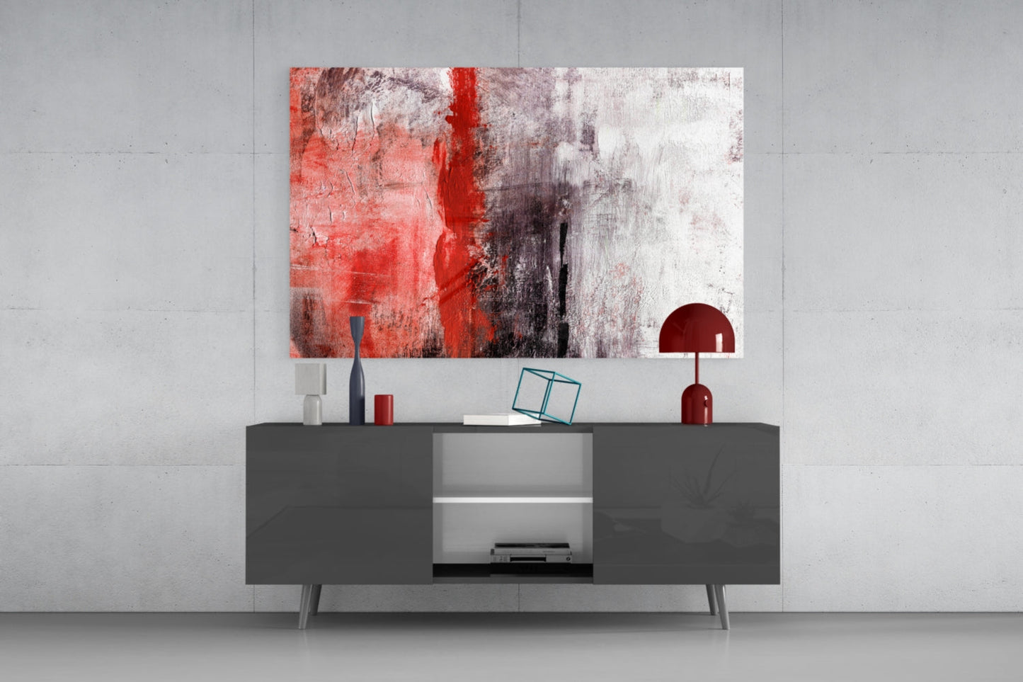 Crimson Stripe Gray Texture Glass Wall Art