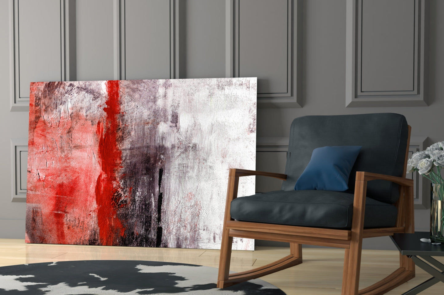 Crimson Stripe Gray Texture Glass Wall Art
