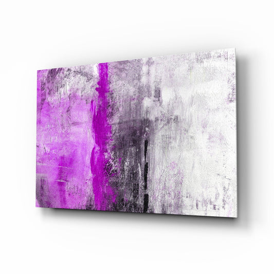 Angled perspective view of glass wall art with bold magenta vertical stripe transitioning through gray and white textured tones.