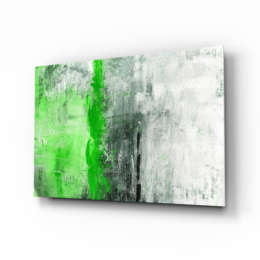 Canvas print displayed at an angle showing green and white striped abstract design with gray tones and weathered texture.