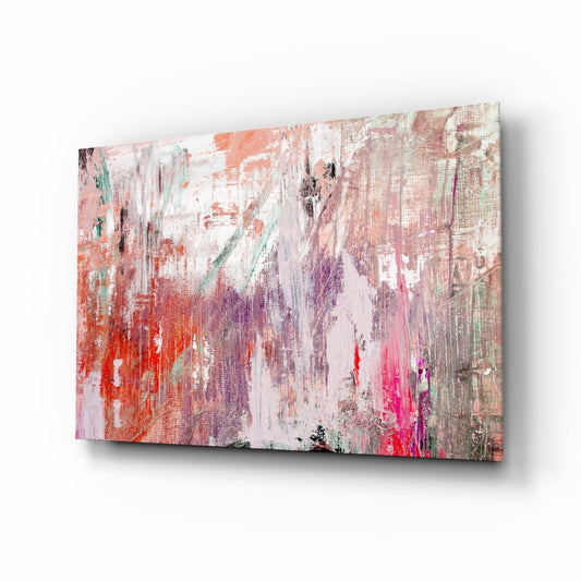 Angled perspective view of coral pink textured glass art panel with white, purple, and magenta paint streaks cast against white background.