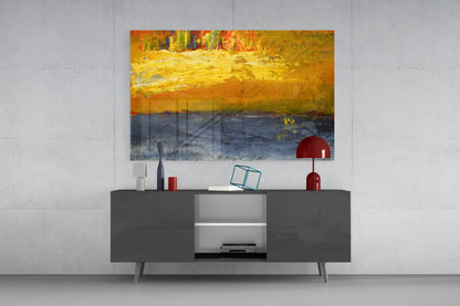 Golden Field Blue Horizon Glass Wall Art