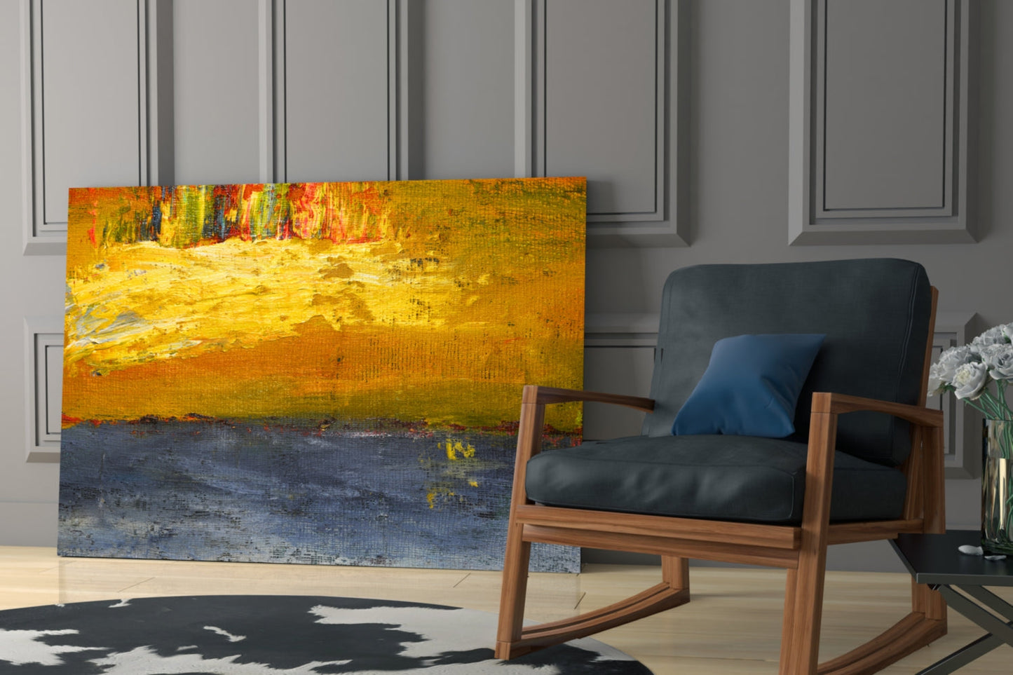 Golden Field Blue Horizon Glass Wall Art
