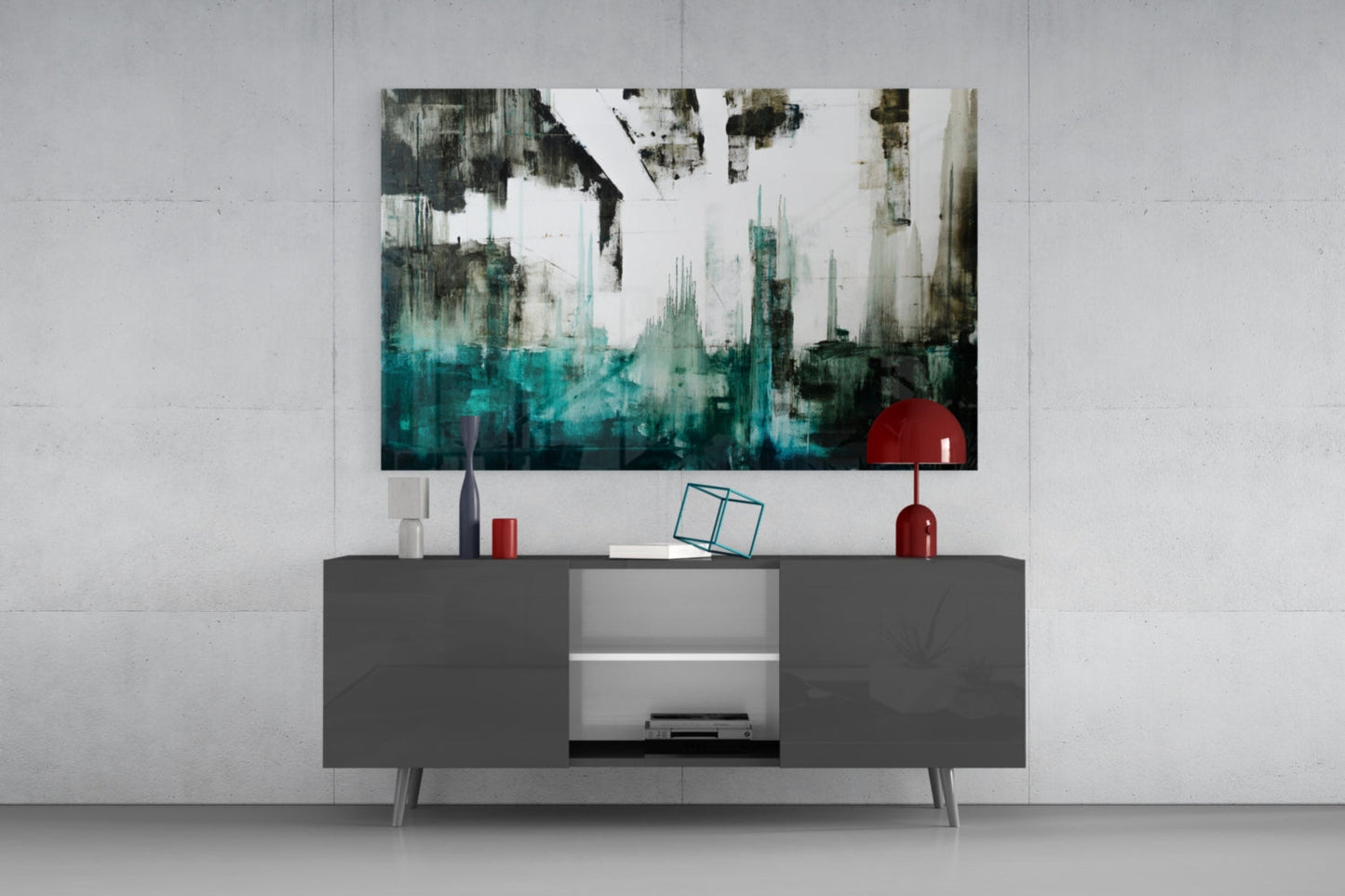 Teal Black Grunge Skyline Glass Wall Art