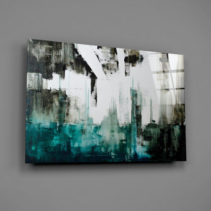 Teal Black Grunge Skyline Glass Wall Art
