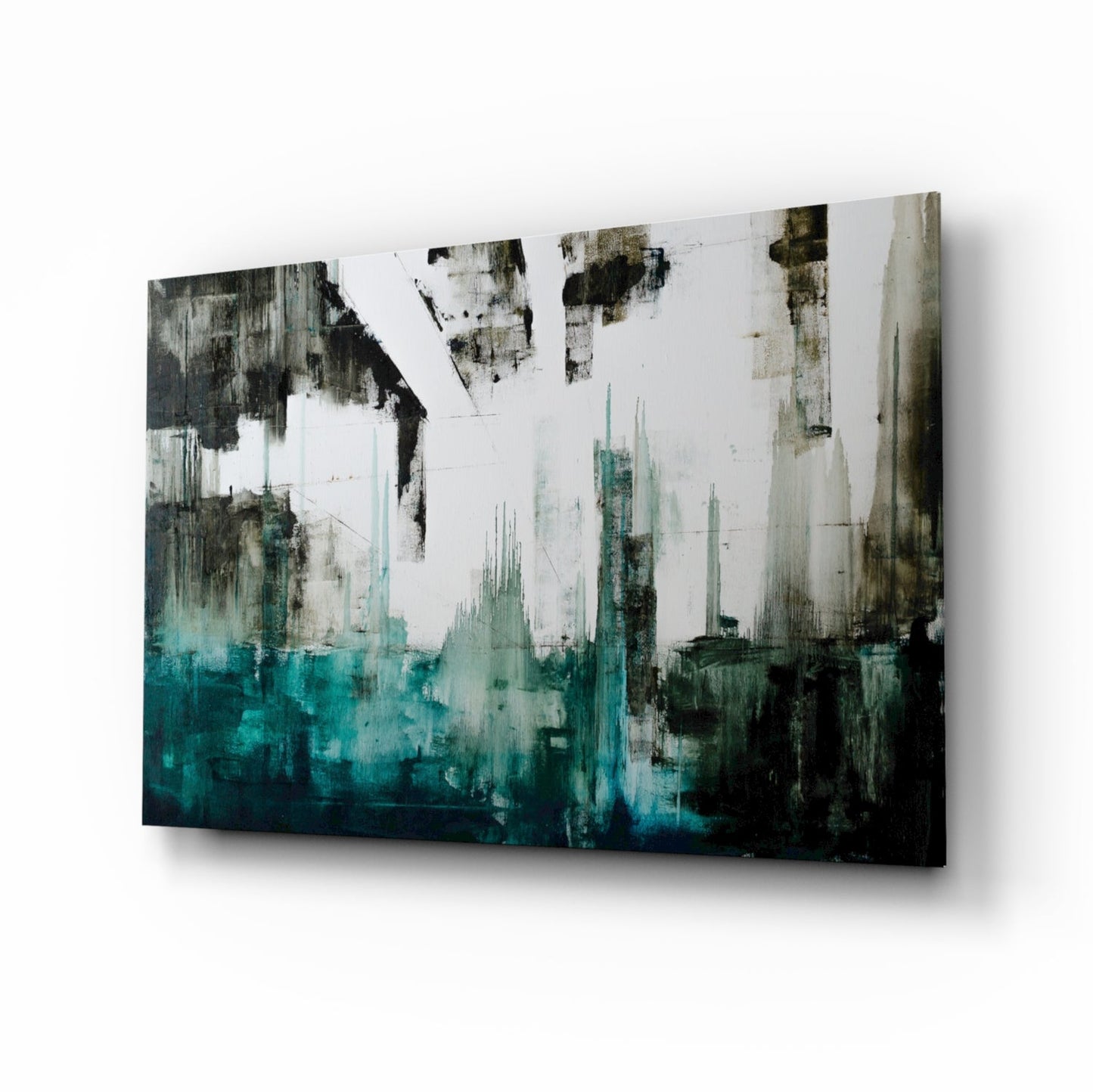 Teal Black Grunge Skyline Glass Wall Art