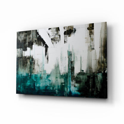 Teal Black Grunge Skyline Glass Wall Art