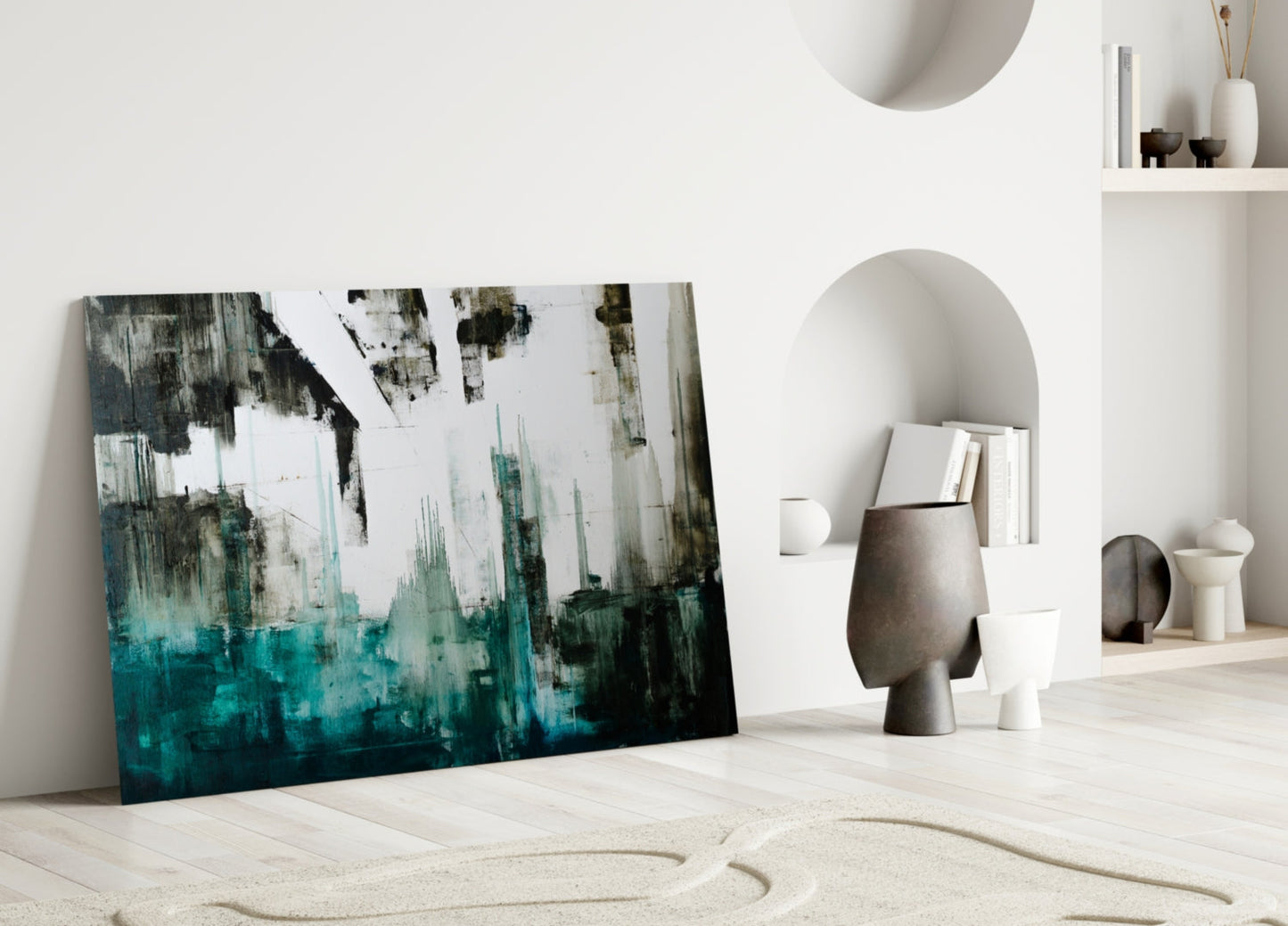 Teal Black Grunge Skyline Glass Wall Art
