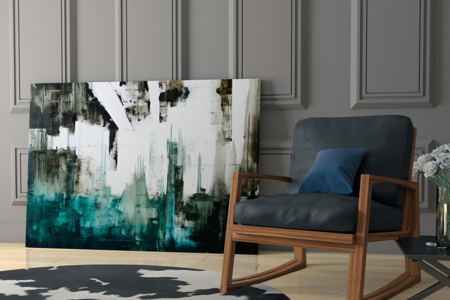 Teal Black Grunge Skyline Glass Wall Art