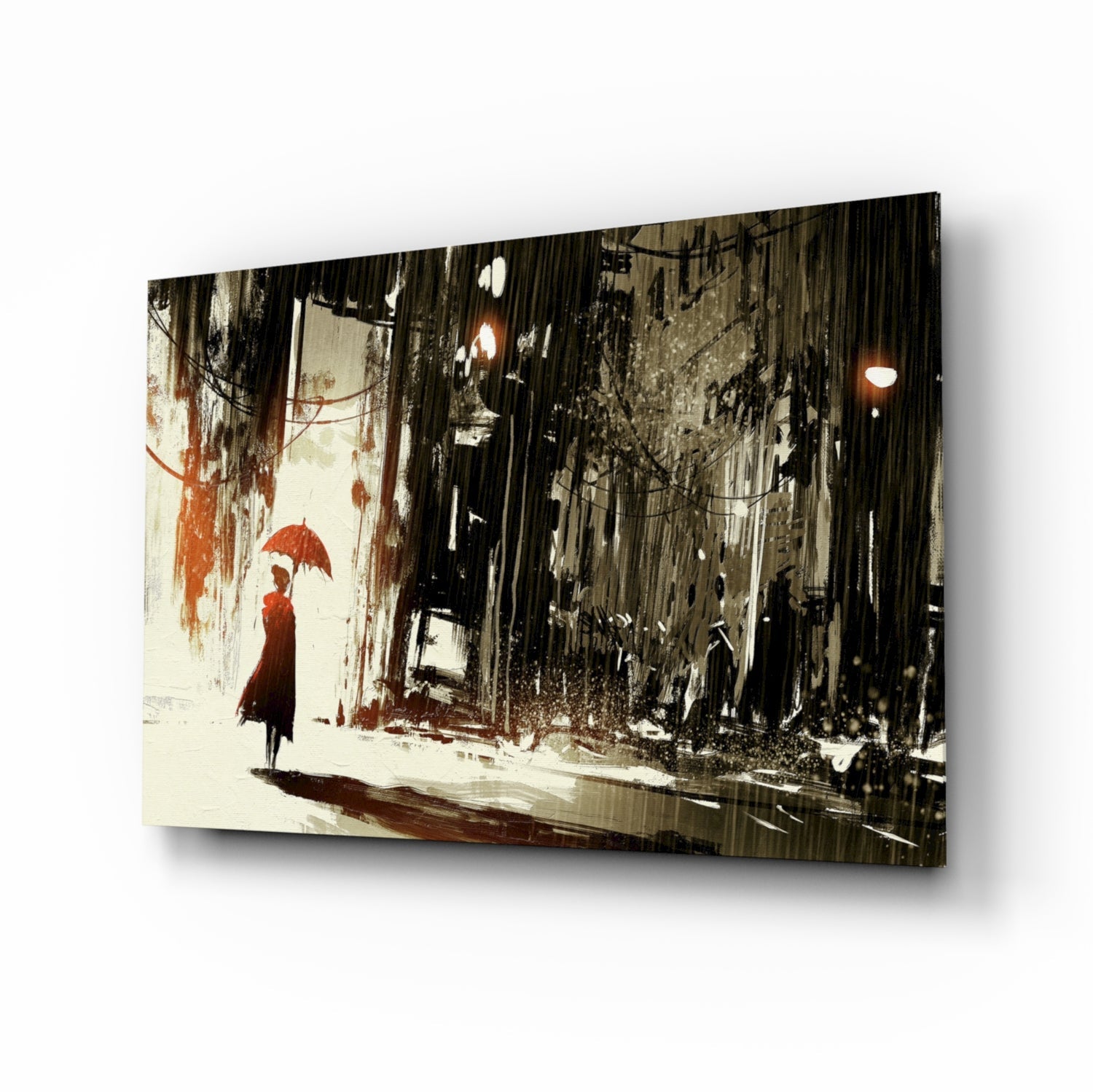 Glass wall art print displaying a figure in red coat holding umbrella on rainy urban street, mounted at angle against white background.