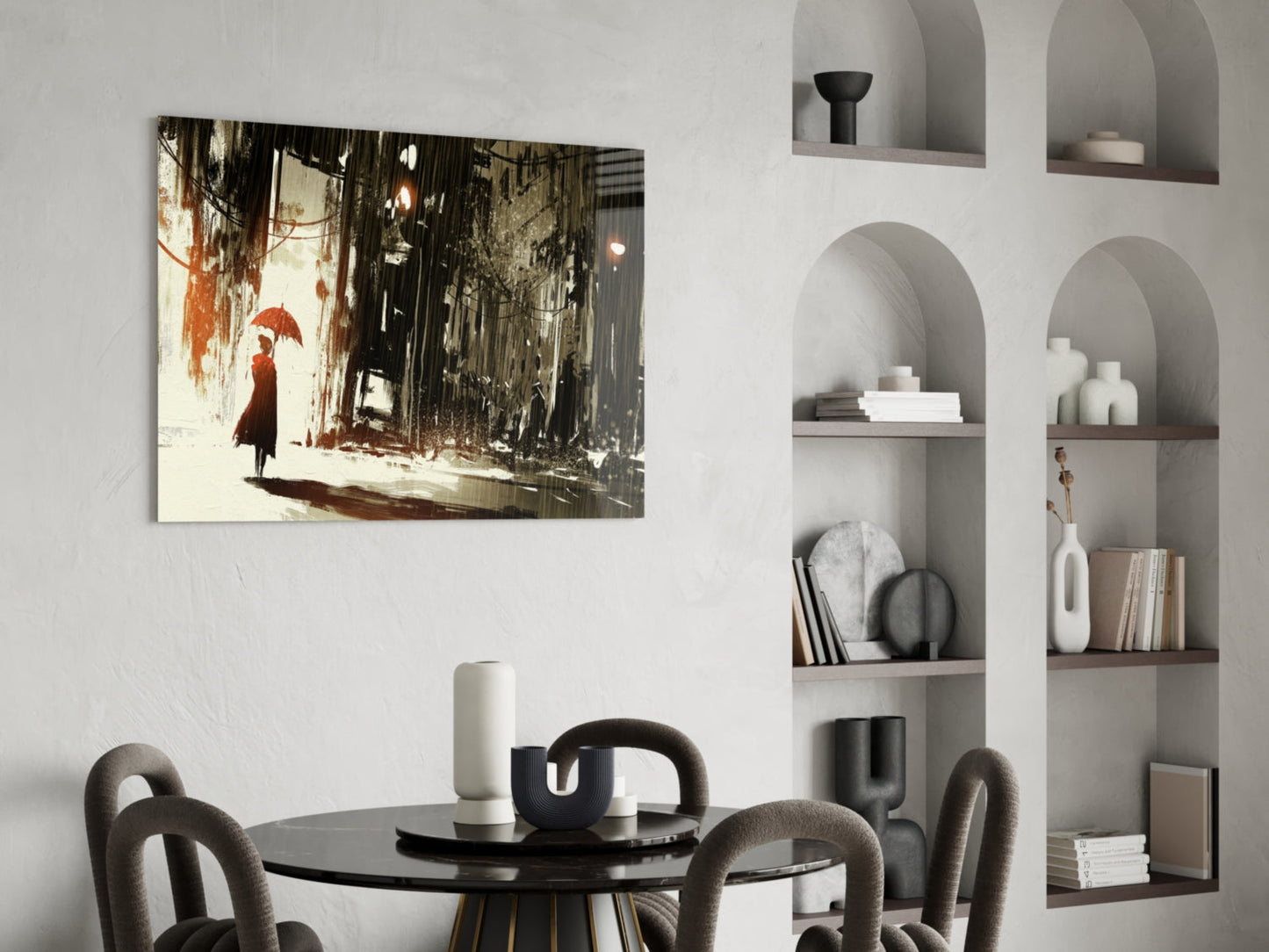 Rainy City Glass Wall Art displayed above a black round dining table with gray chairs in a modern interior with built-in wall shelving.