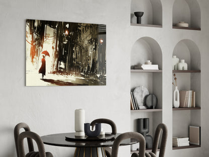 Rainy City Glass Wall Art displayed above a black round dining table with gray chairs in a modern interior with built-in wall shelving.