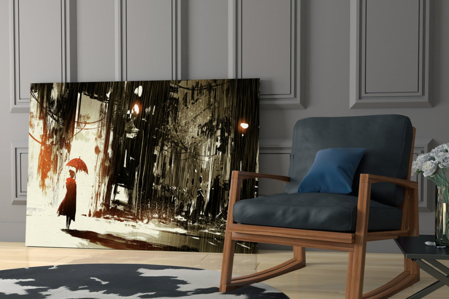 Glass wall art leaning against paneled wall depicts red-umbrellaed figure in rainy street scene with sepia tones.