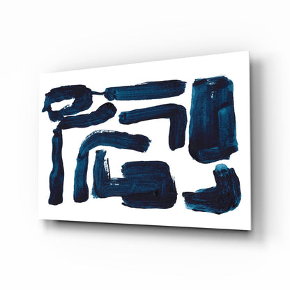 Indigo Blocky Ink Strokes Glass Wall Art