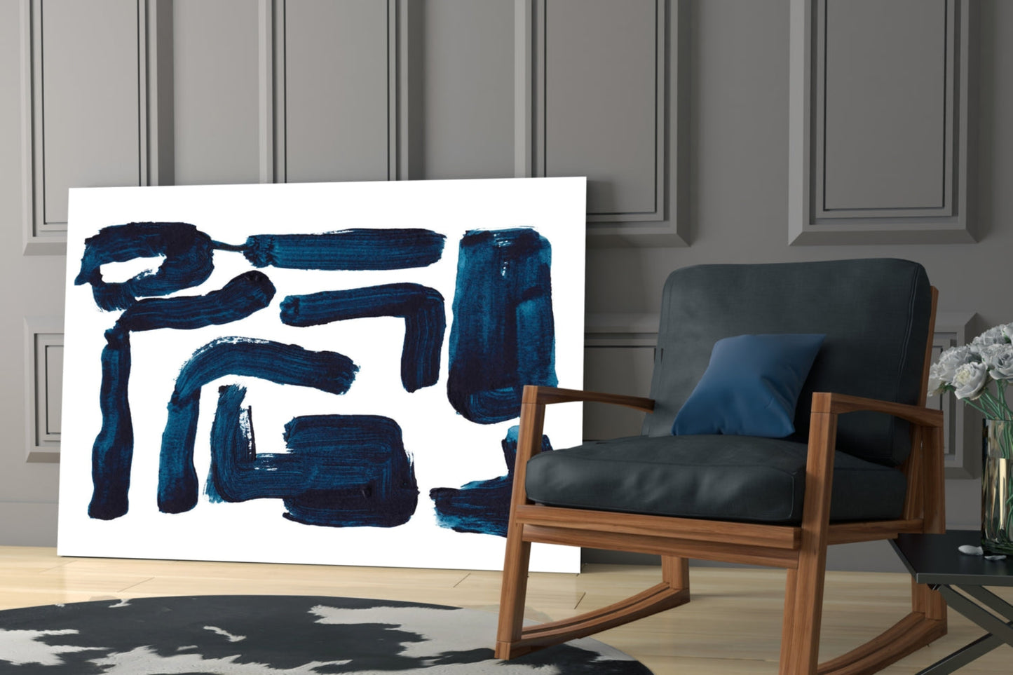 Indigo Blocky Ink Strokes Glass Wall Art