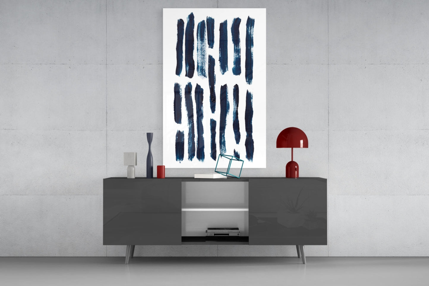 Vertical Navy Brush Bars Glass Wall Art
