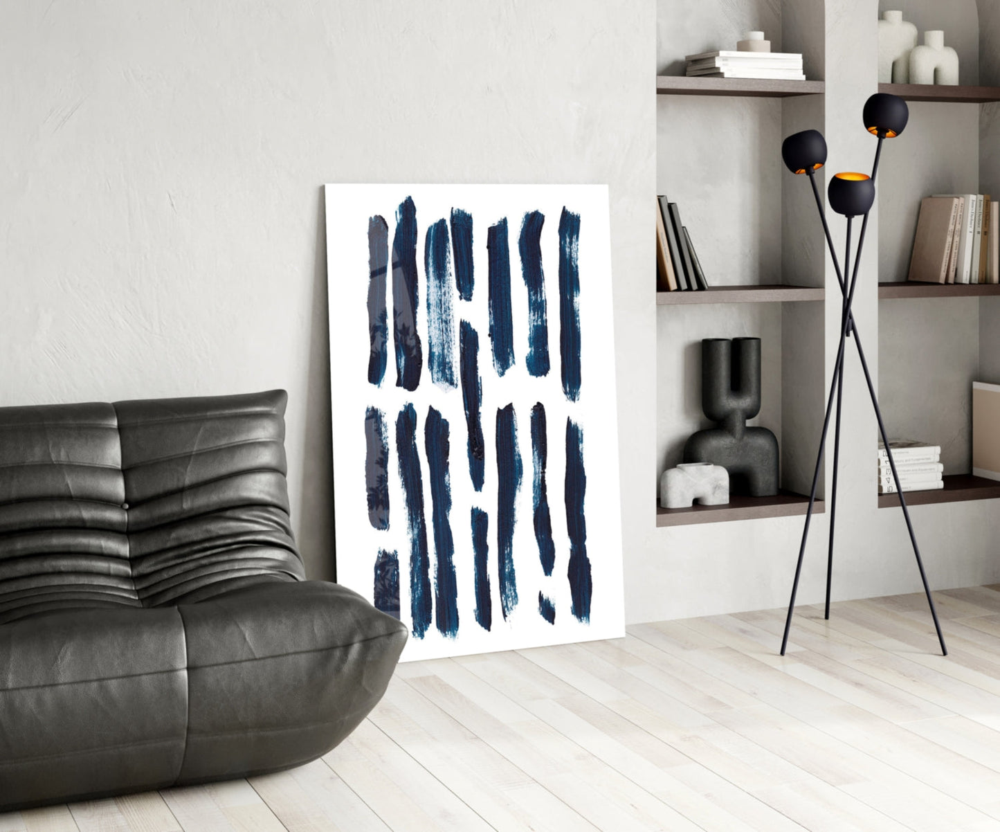 Vertical Navy Brush Bars Glass Wall Art