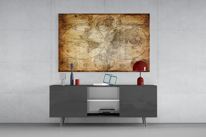 Antique Hemisphere Cartography World Map Glass Wall Art
