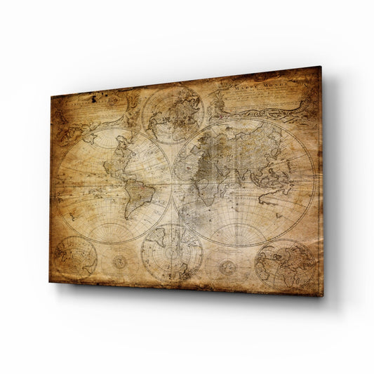 Antique world map canvas displayed at an angle showing aged parchment with hemisphere projections and navigational grid lines in sepia tones.