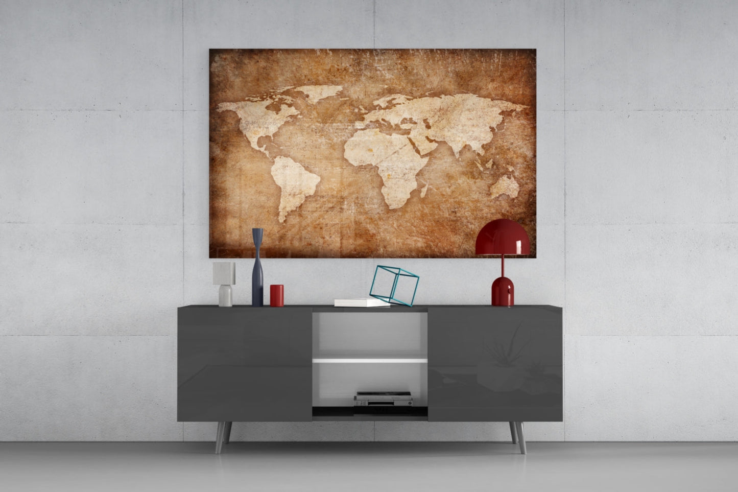 Rustic Brown Parchment World Map Glass Wall Art