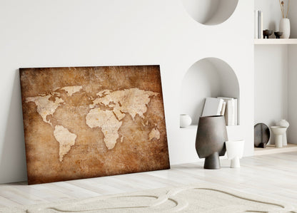 Rustic Brown Parchment World Map Glass Wall Art