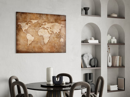 Rustic Brown Parchment World Map Glass Wall Art