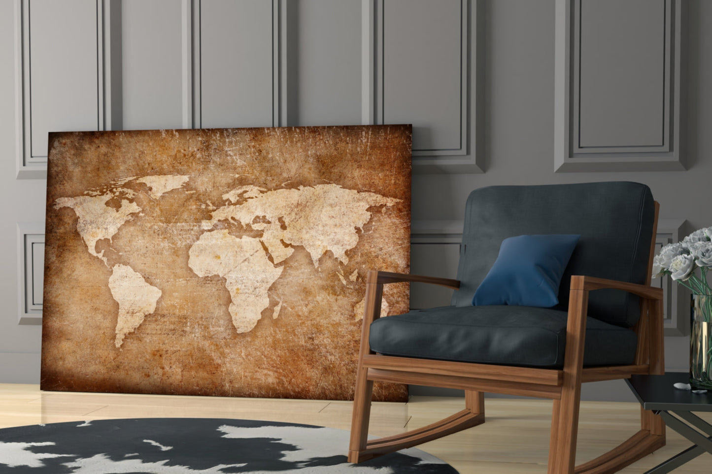 Rustic Brown Parchment World Map Glass Wall Art
