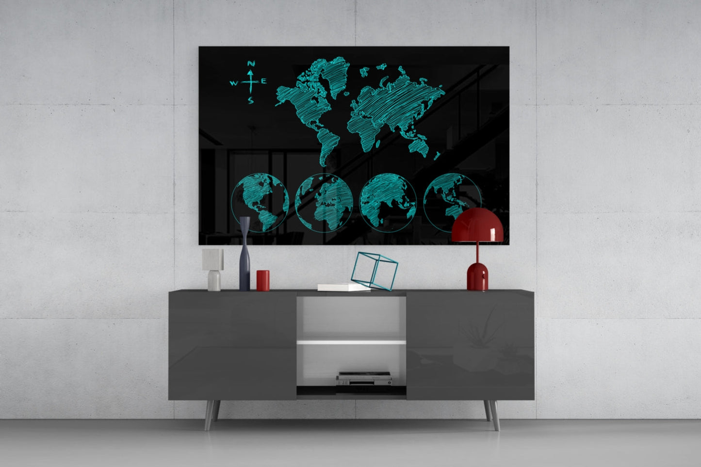 Turquoise Sketch World Map and Globes Glass Wall Art