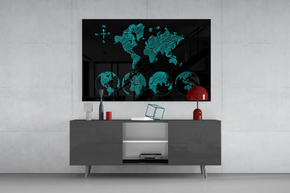 Turquoise Sketch World Map and Globes Glass Wall Art
