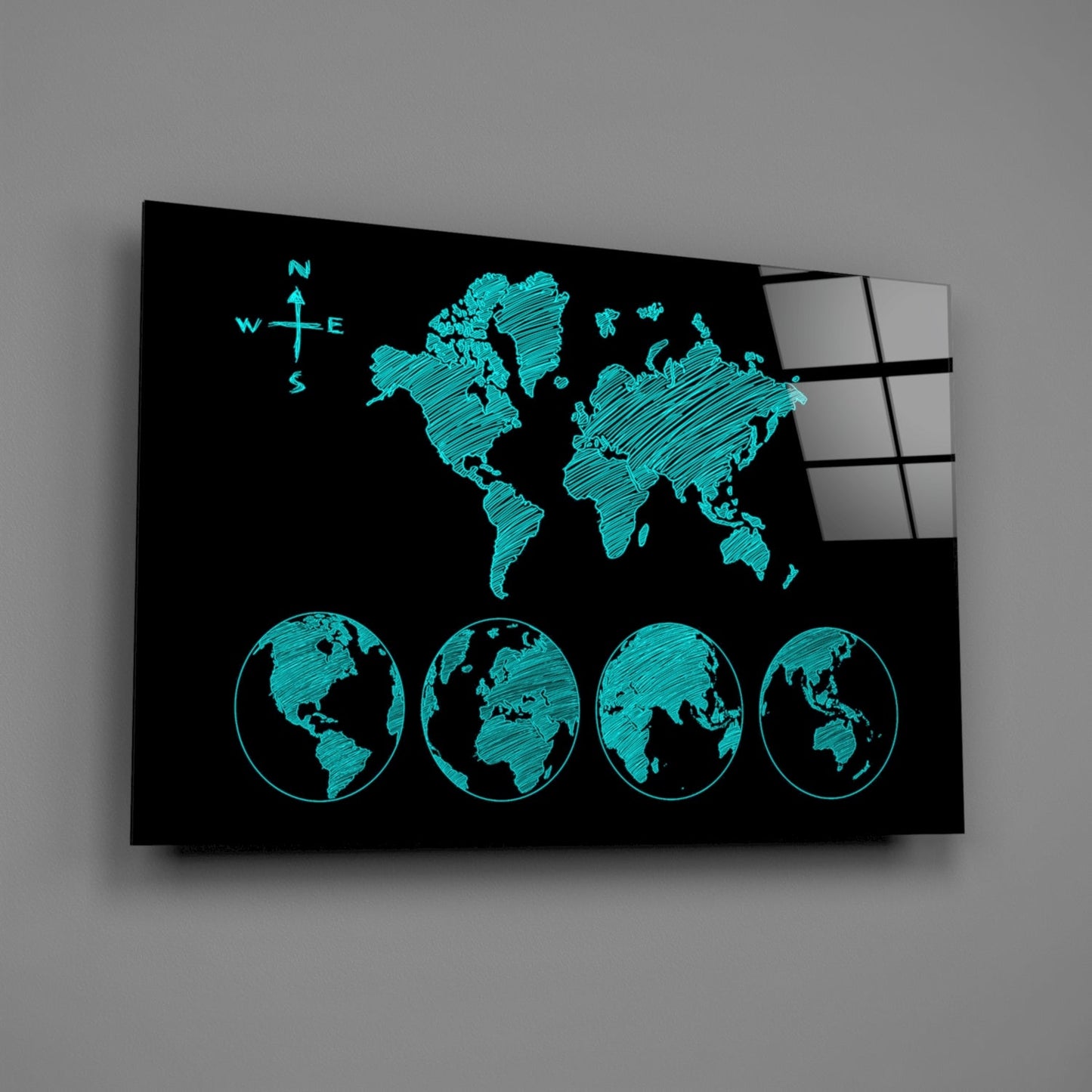 Turquoise Sketch World Map and Globes Glass Wall Art