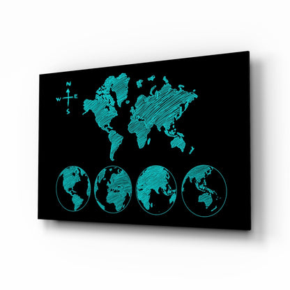 Turquoise Sketch World Map and Globes Glass Wall Art
