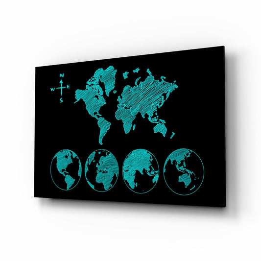 Black glass panel displaying turquoise sketch-style world map and four globe views with compass rose, angled perspective view.