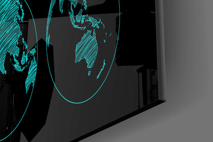 Turquoise Sketch World Map and Globes Glass Wall Art