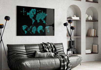 Turquoise Sketch World Map and Globes Glass Wall Art